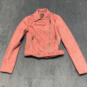 Primark Suede Biker Moto Jacket Womens 0 Coral Pink Belted Hem Asymmetrical Zip